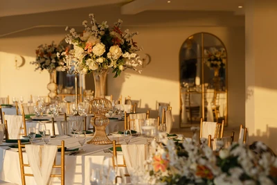 Floral decorations on wedding tables at Easy Restaurant